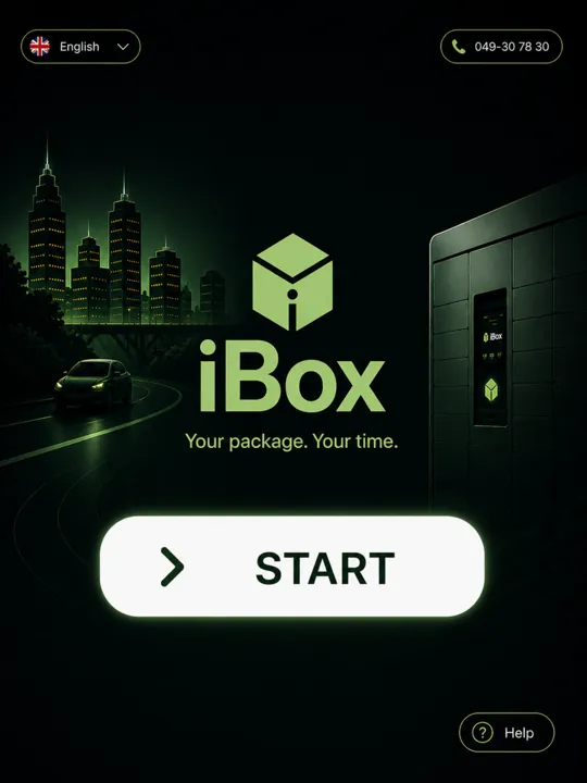 iBOX terminal idle screen with a start button